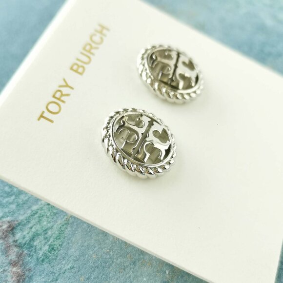 Tory Burch Rope Logo Silver Stud Earrings 136618 New w/dust bag - Picture 2 of 3